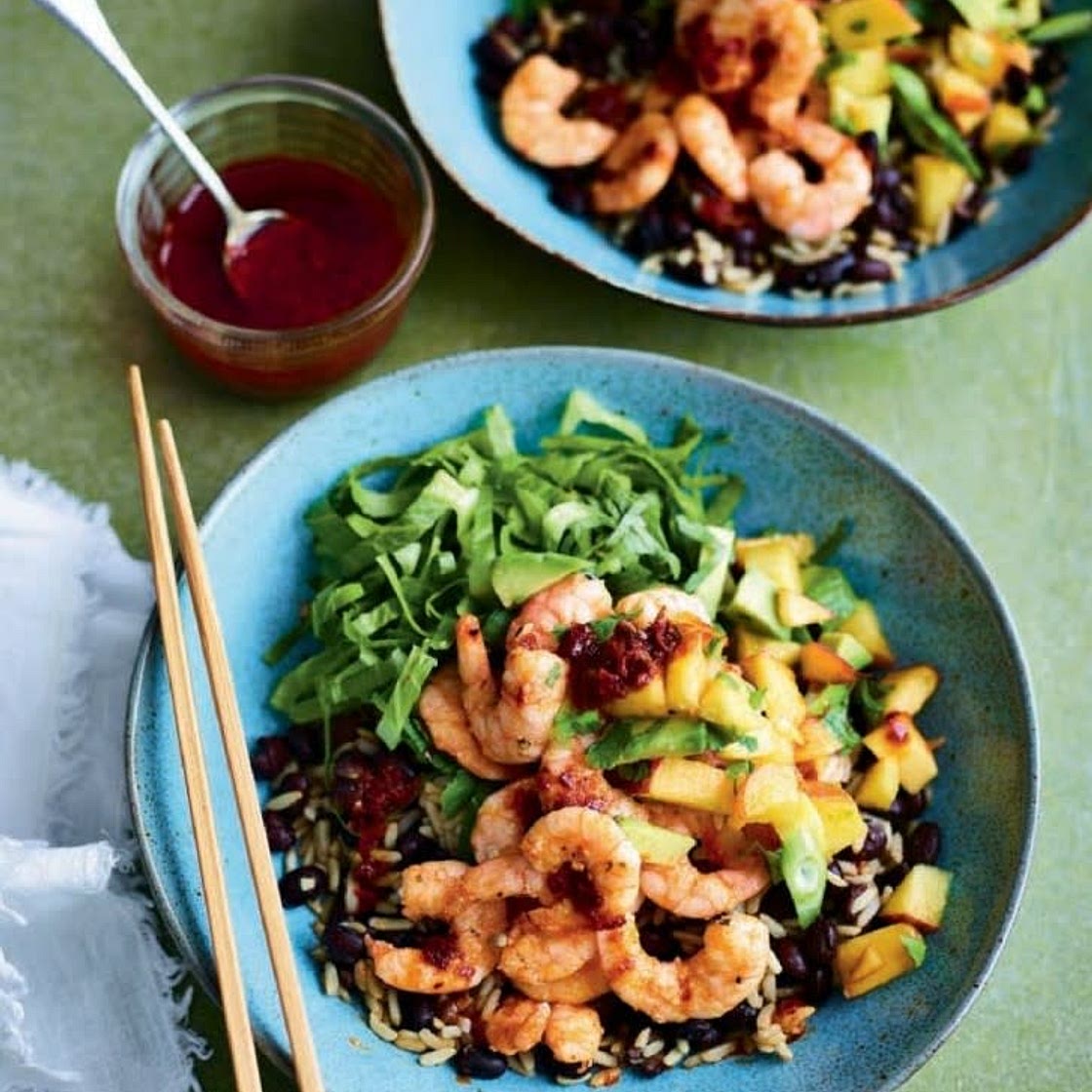 Harissa prawn bowls with peach salsa