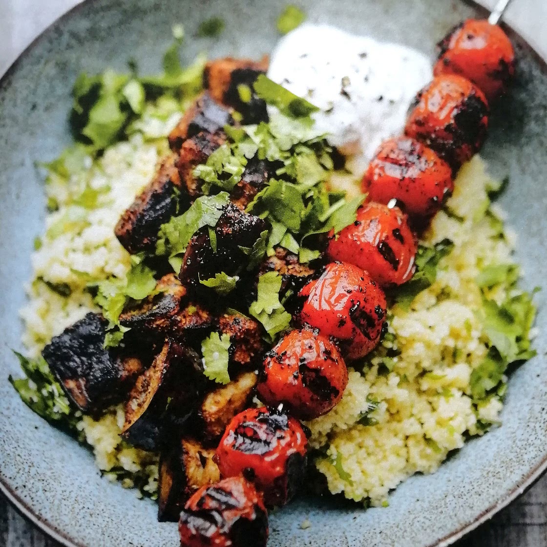 Moroccan spiced aubergine and tomato with minted yoghurt dressing