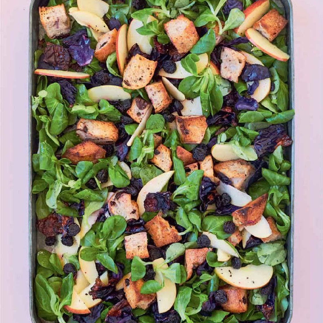 ROASTED RED CABBAGE WITH CRISP GARLIC CROUTONS, APPLE, RAISINS & LAMB’S LETTUCE