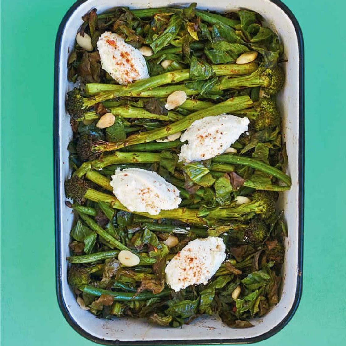 GREEN MACHINE: ROASTED GREENS WITH RAS EL HANOUT, BULGUR WHEAT & RICOTTA