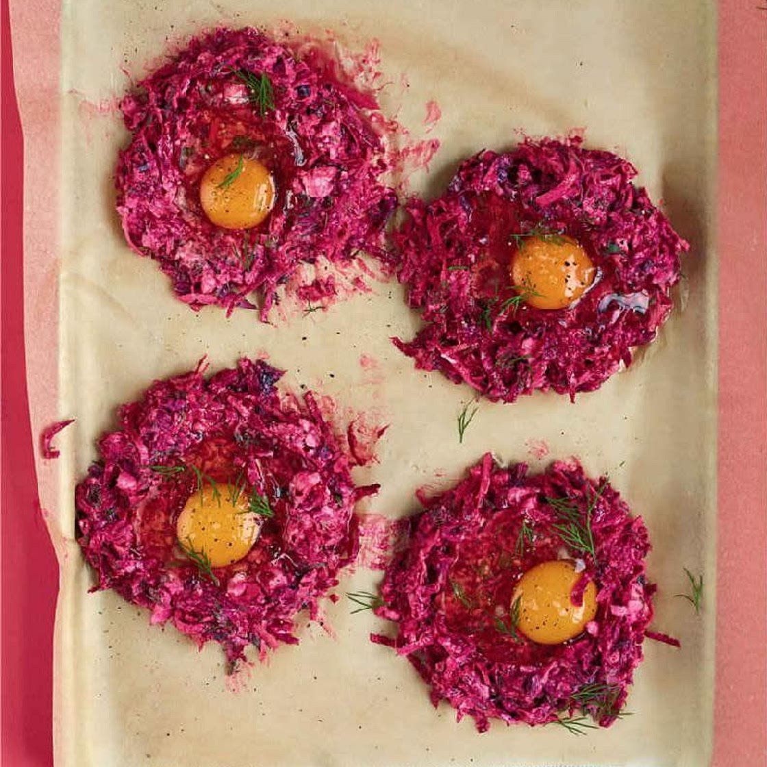 BAKED EGGS WITH BEETROOT, CELERIAC, DILL & FETA