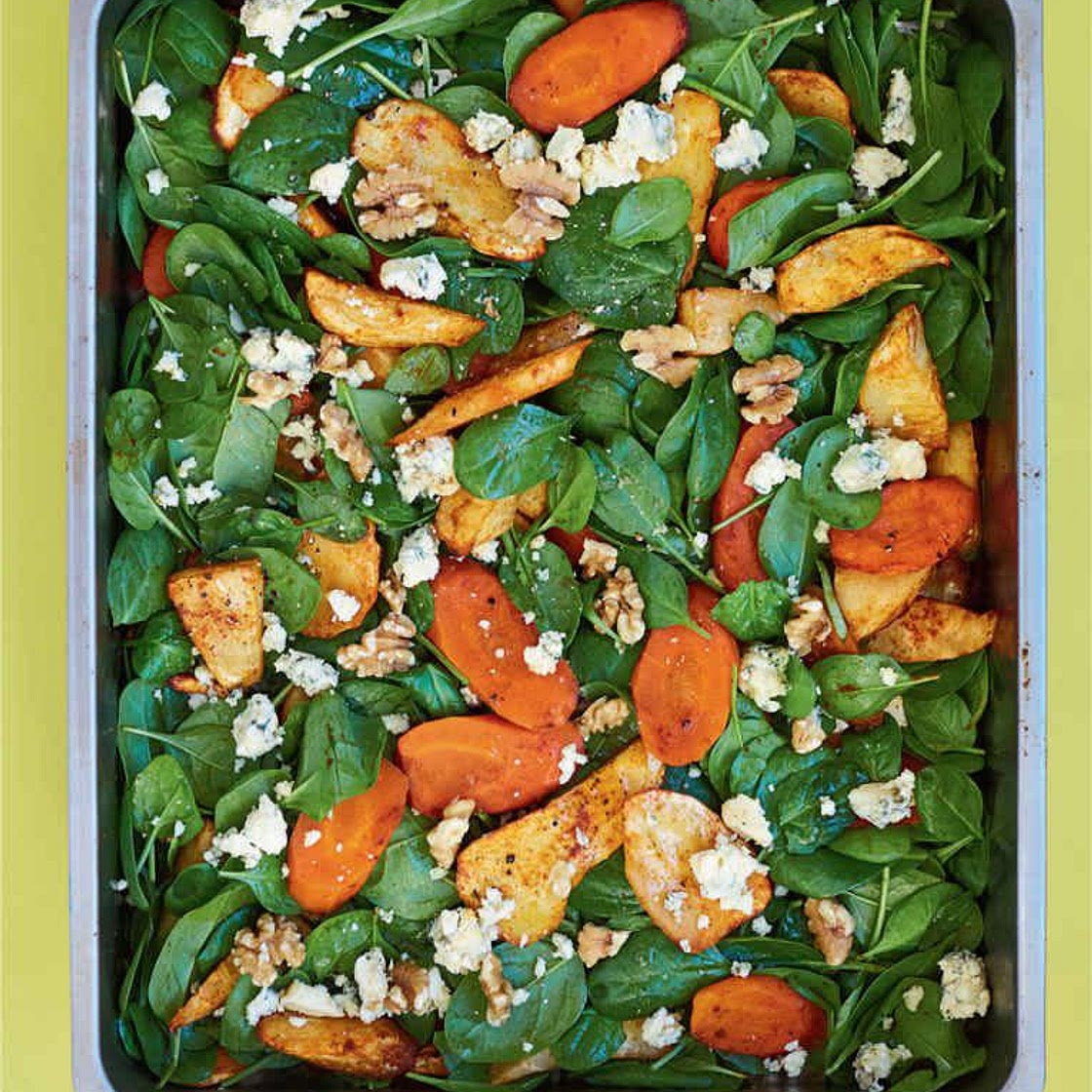 HONEY ROASTED ROOT VEGETABLE SALAD: WITH BLUE CHEESE & SPINACH