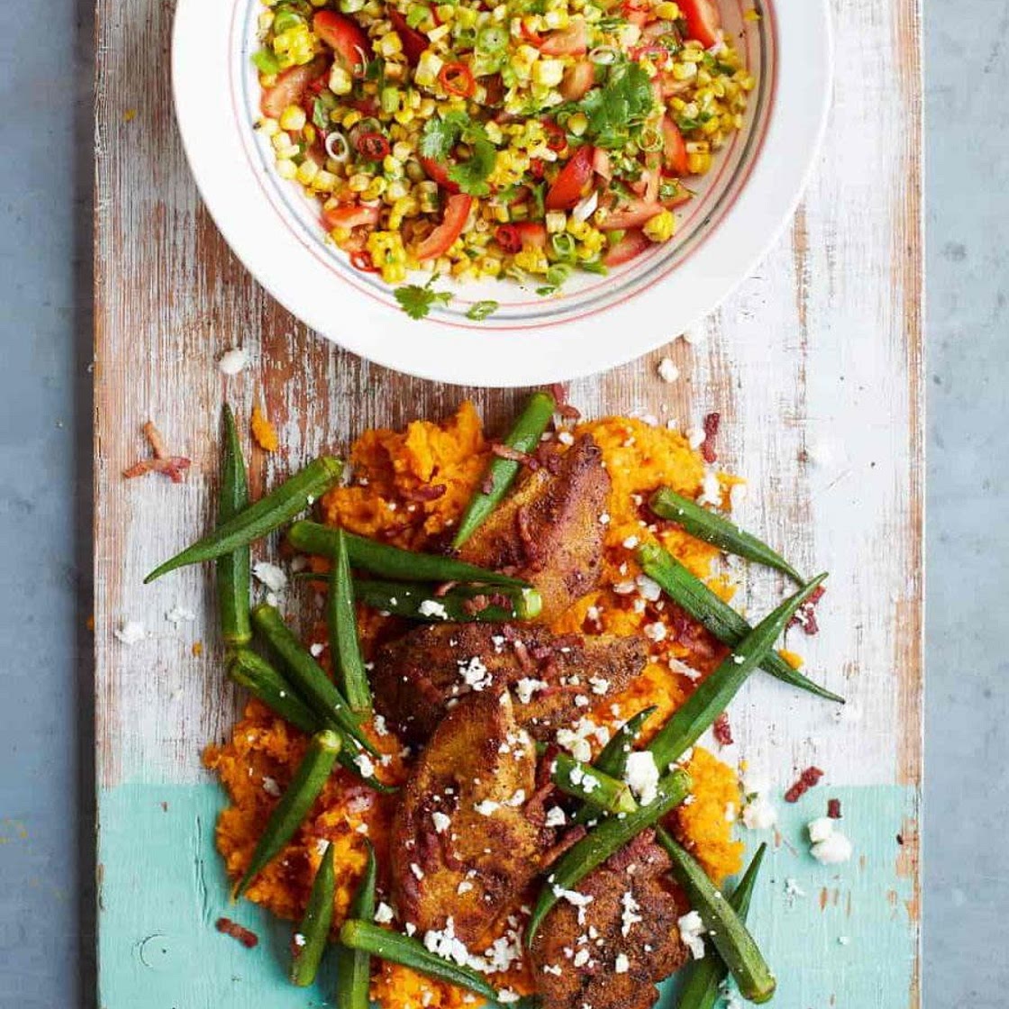 SPICY CAJUN CHICKEN SMASHED SWEET POTATO & FRESH CORN SALSA