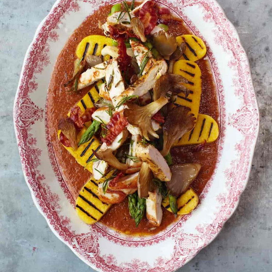 ROSEMARY CHICKEN GRILLED POLENTA & PORCINI TOMATO SAUCE