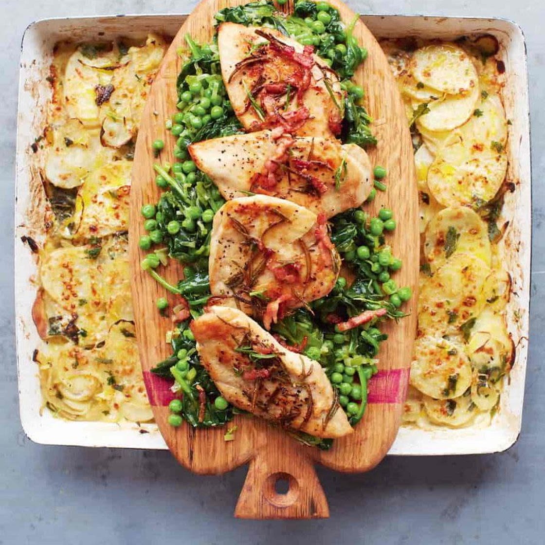 GOLDEN CHICKEN BRAISED GREENS & POTATO GRATIN