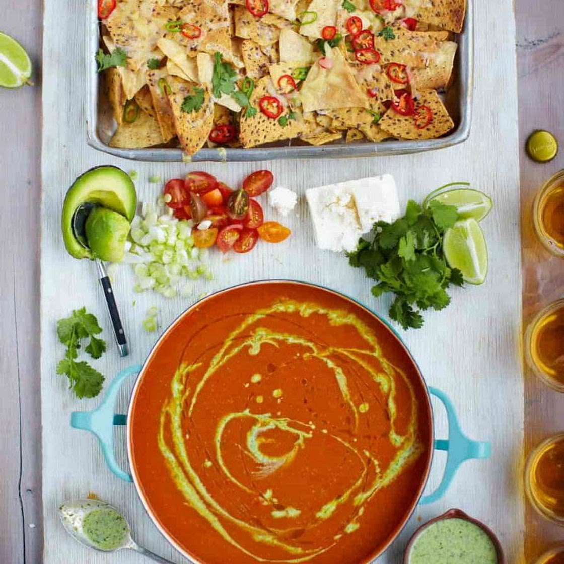 MEXICAN TOMATO SOUP CHILLI NACHOS, VEGGIE & FETA SPRINKLES