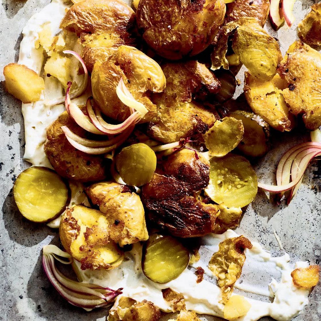 smash-fried potato salad with sweet pickles & red onion