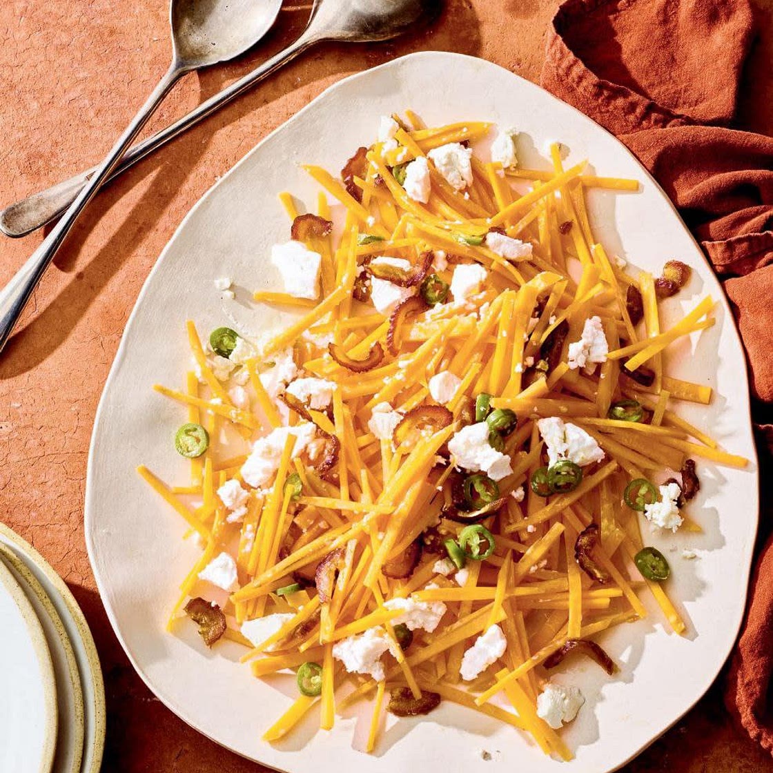 raw butternut squash with goat cheese, dates & chiles