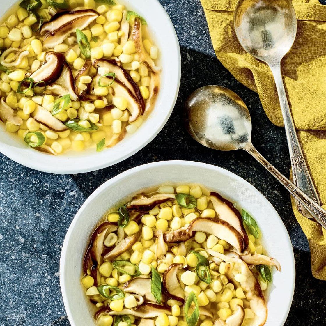 spicy corn soup with shiitakes & green onions