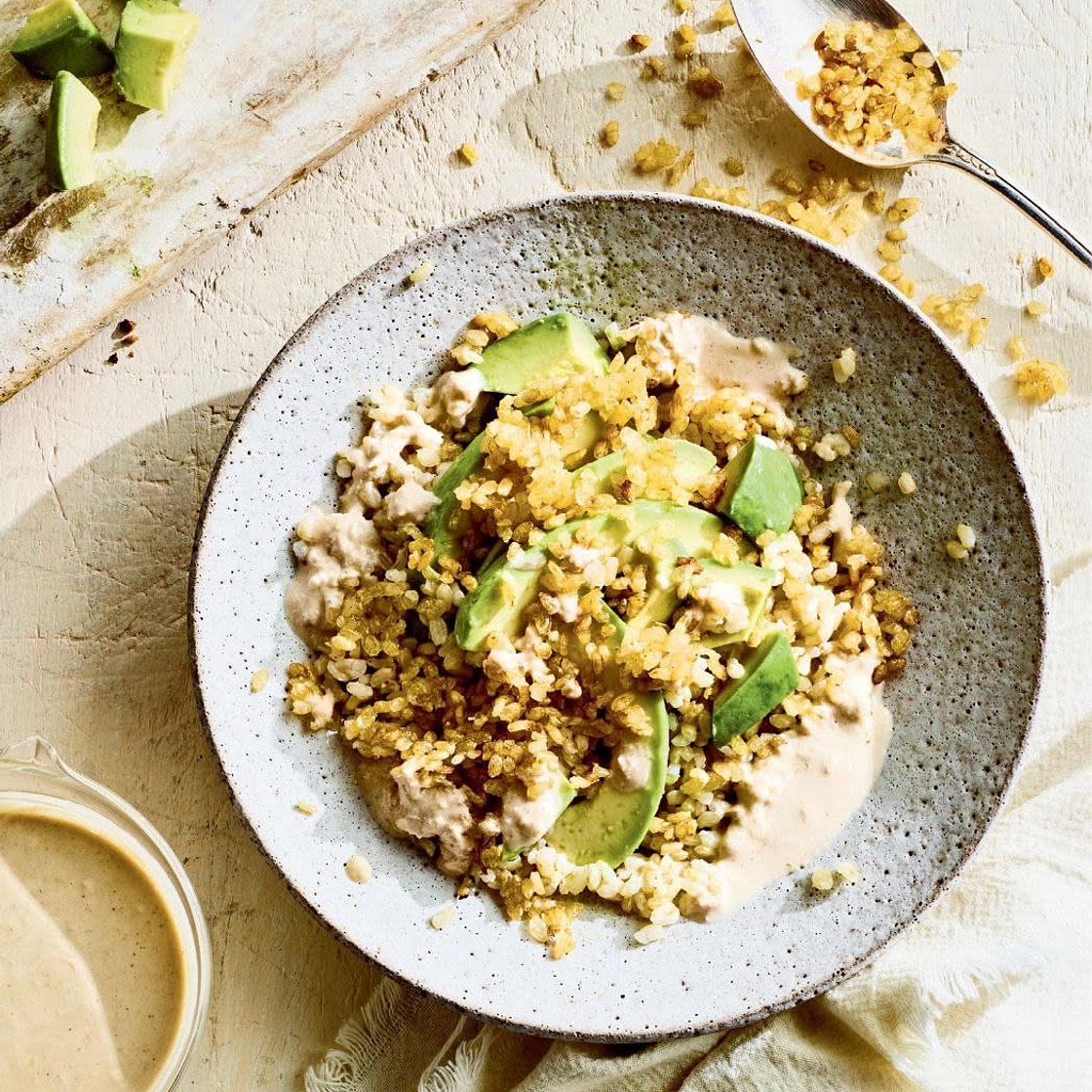 scorched rice with avocado & horseradish tahini