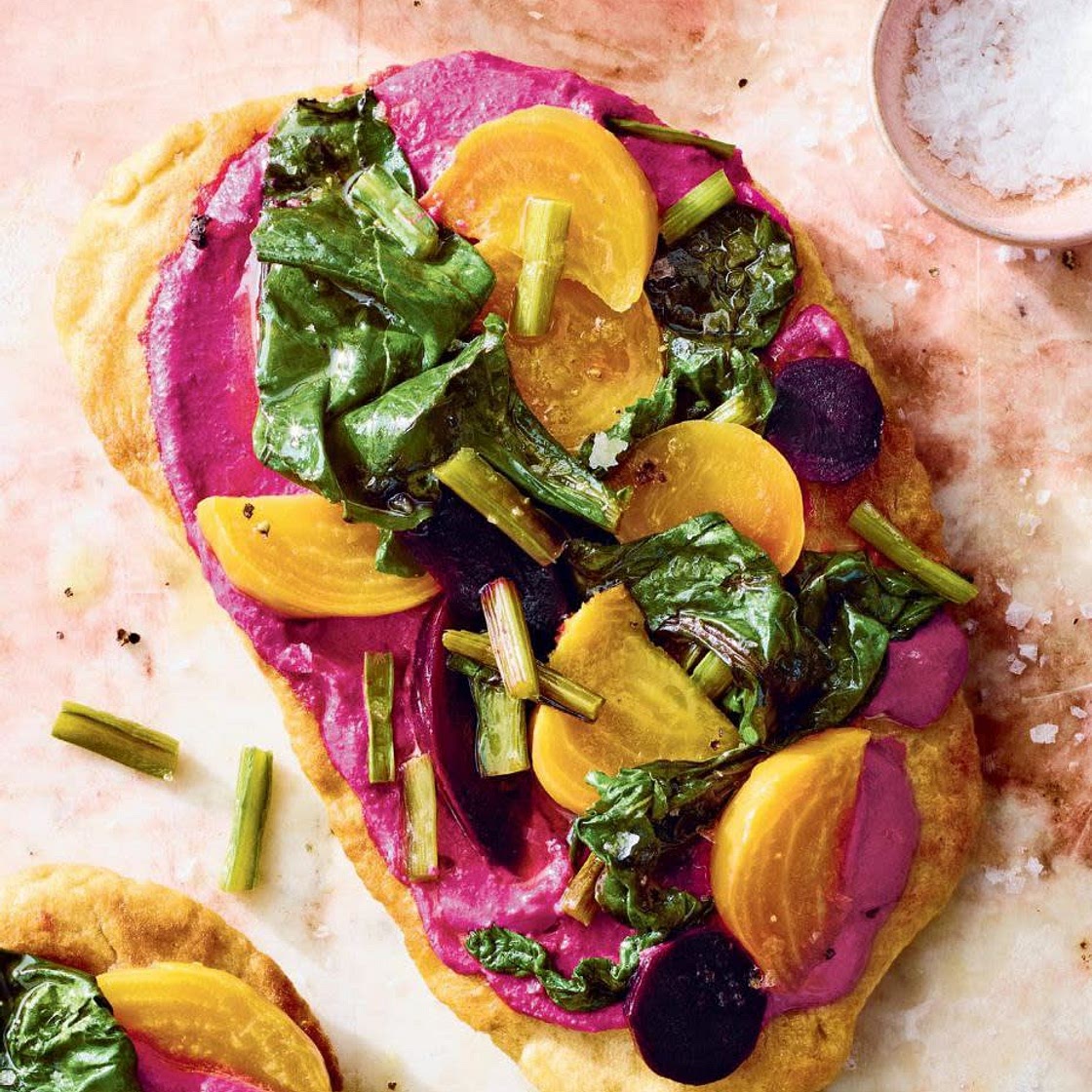flatbread with beet yogurt & greens