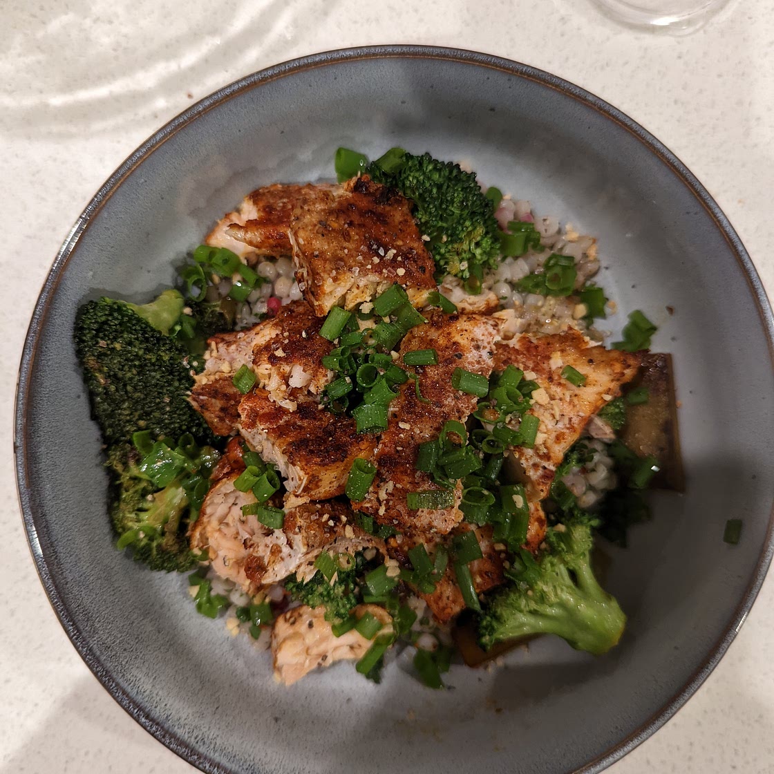 Salmon brocoli pearl couscous lunch