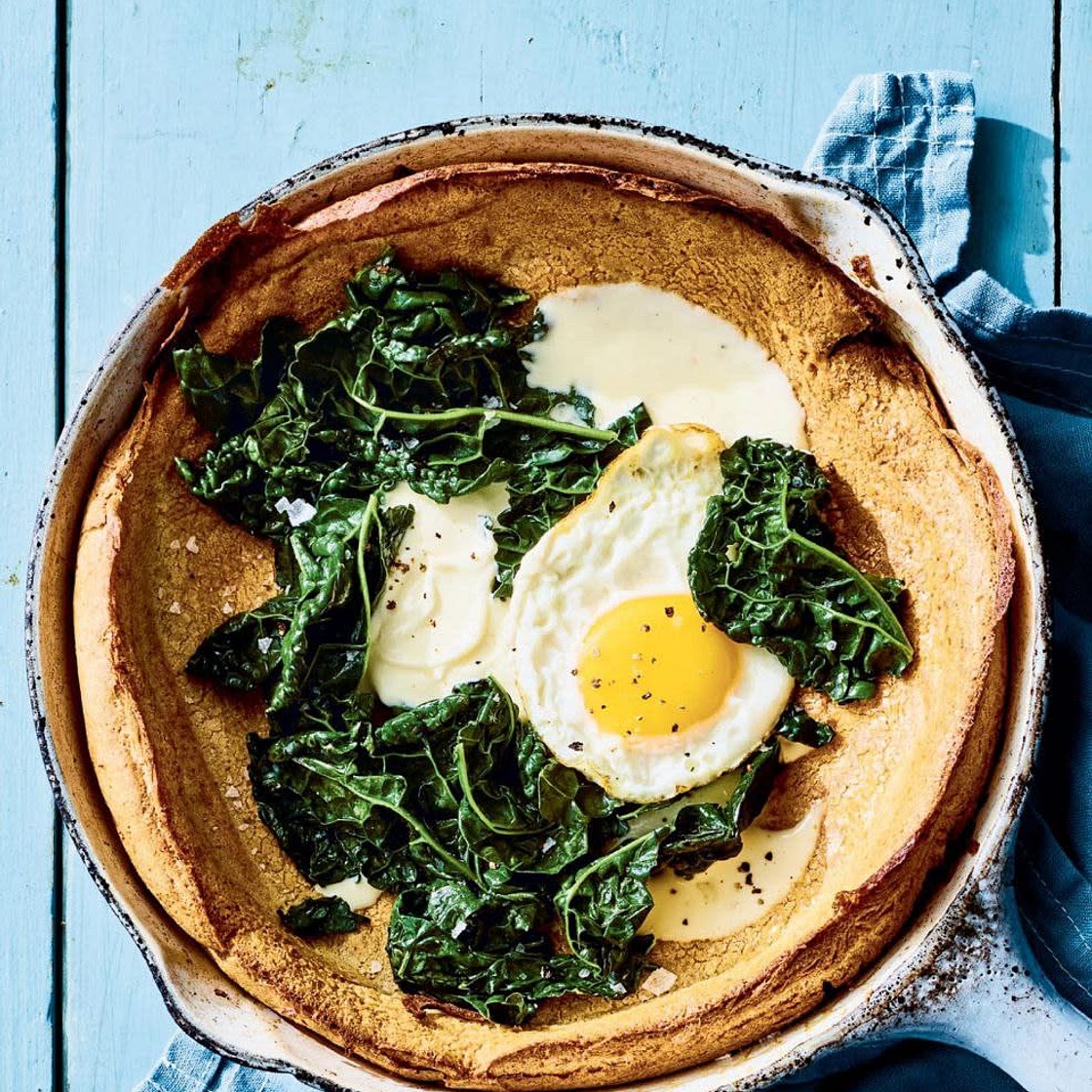 rye puff pancake with greens & eggs