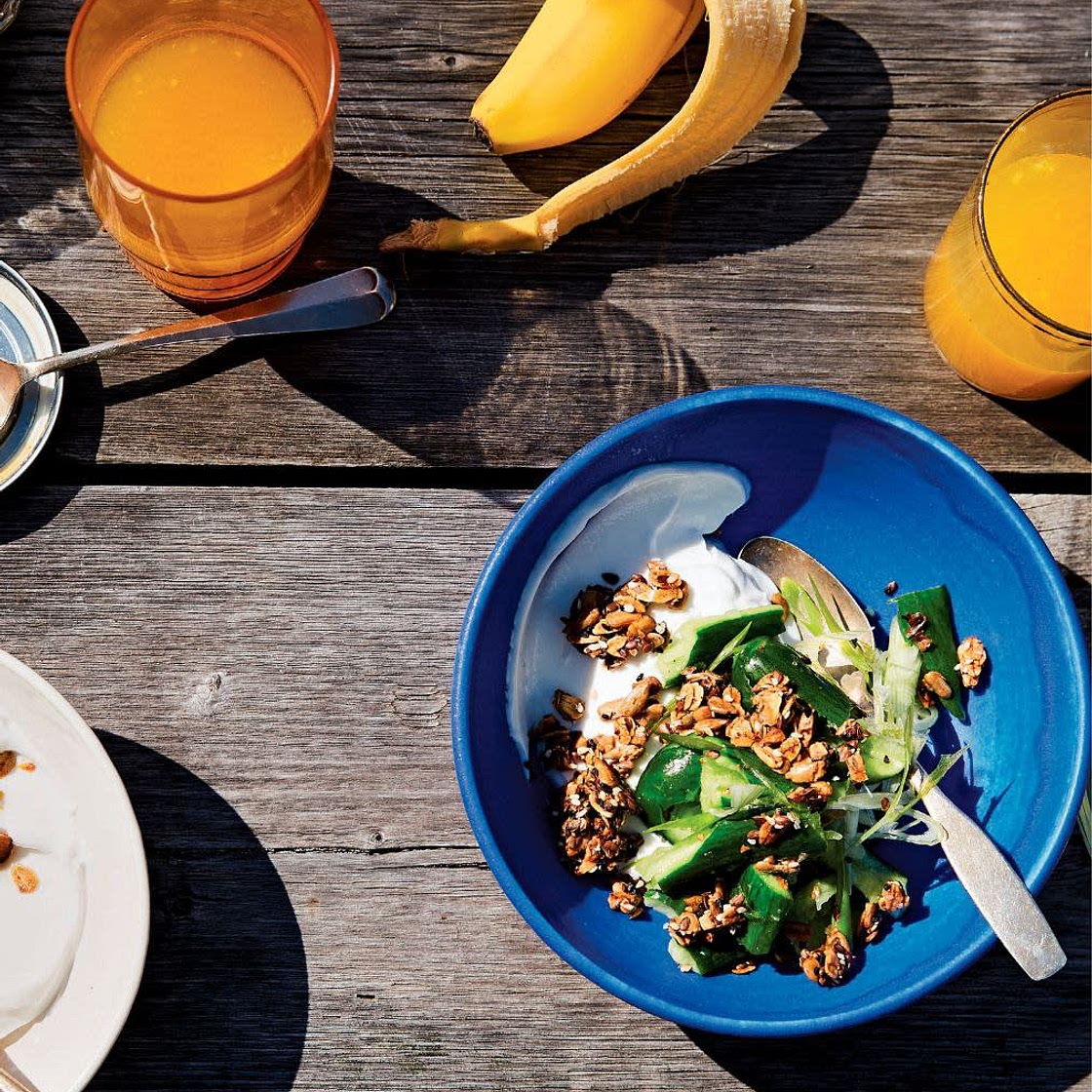 Smashed Cucumbers and Scallions over Garlicky Yogurt