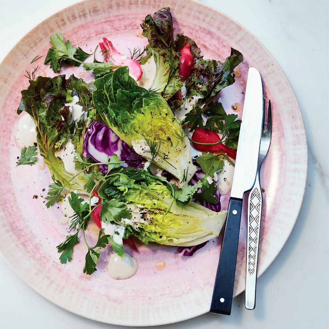 Little Gems and Cabbage with Pickled Turnips and Lemony Tahini Dressing