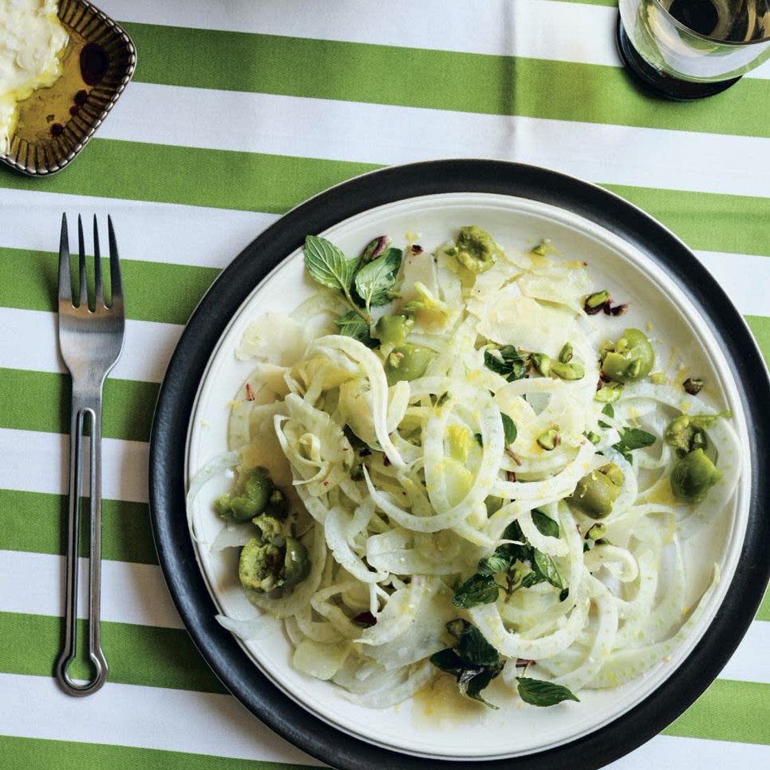 Fennel Salad with Spicy Green Olives and Crushed Pistachios