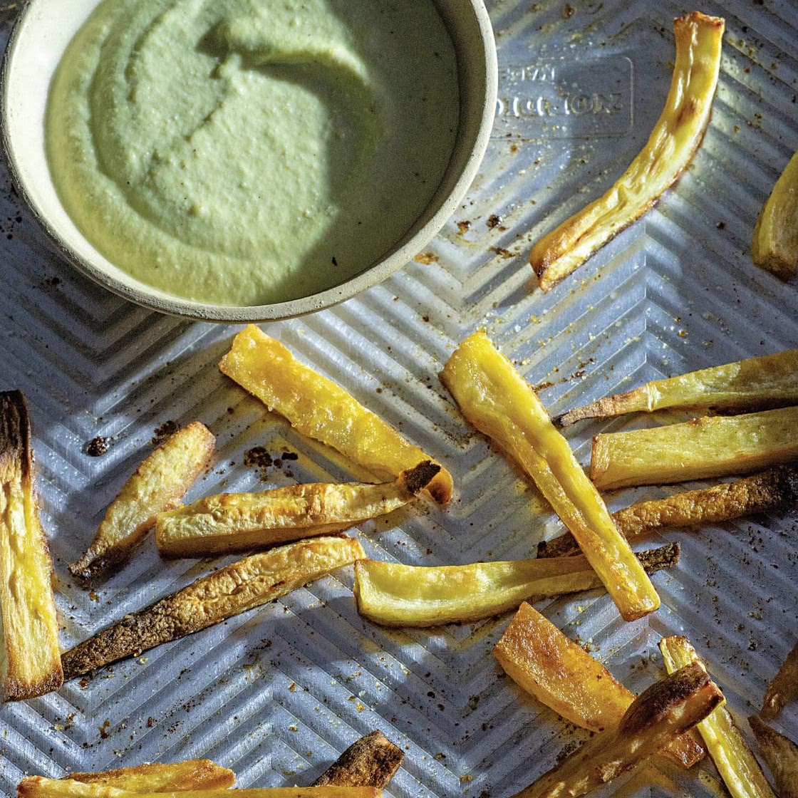 Crispy Parsnip Fries with Green Chili + Sunflower Seed Romesco