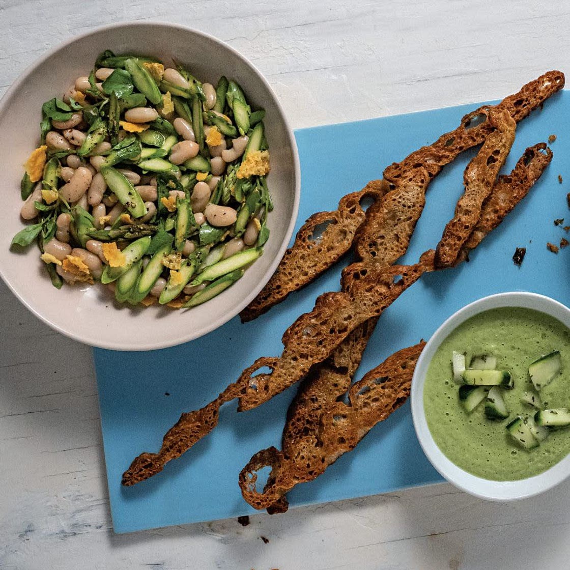 Fresh Asparagus with White Beans + Crispy Cheddar