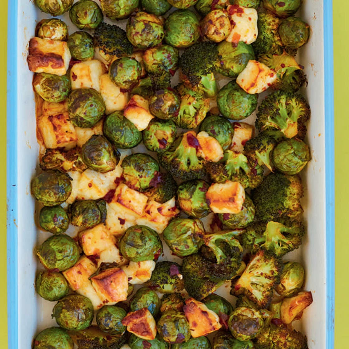 Harissa sprouts, broccoli and halloumi 