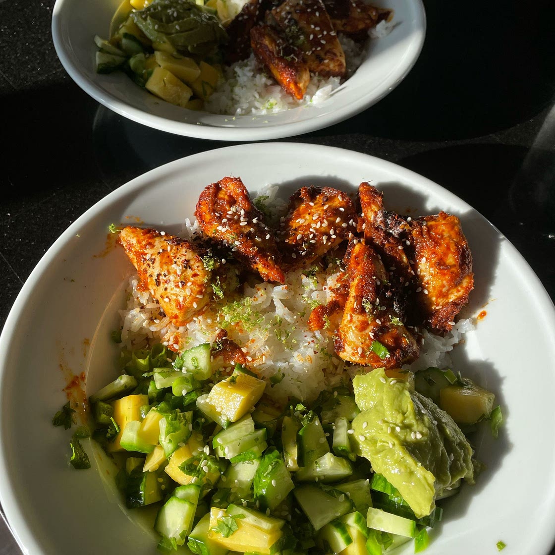Chili Crisp Chicken Mango Cucumber Rice Bowl