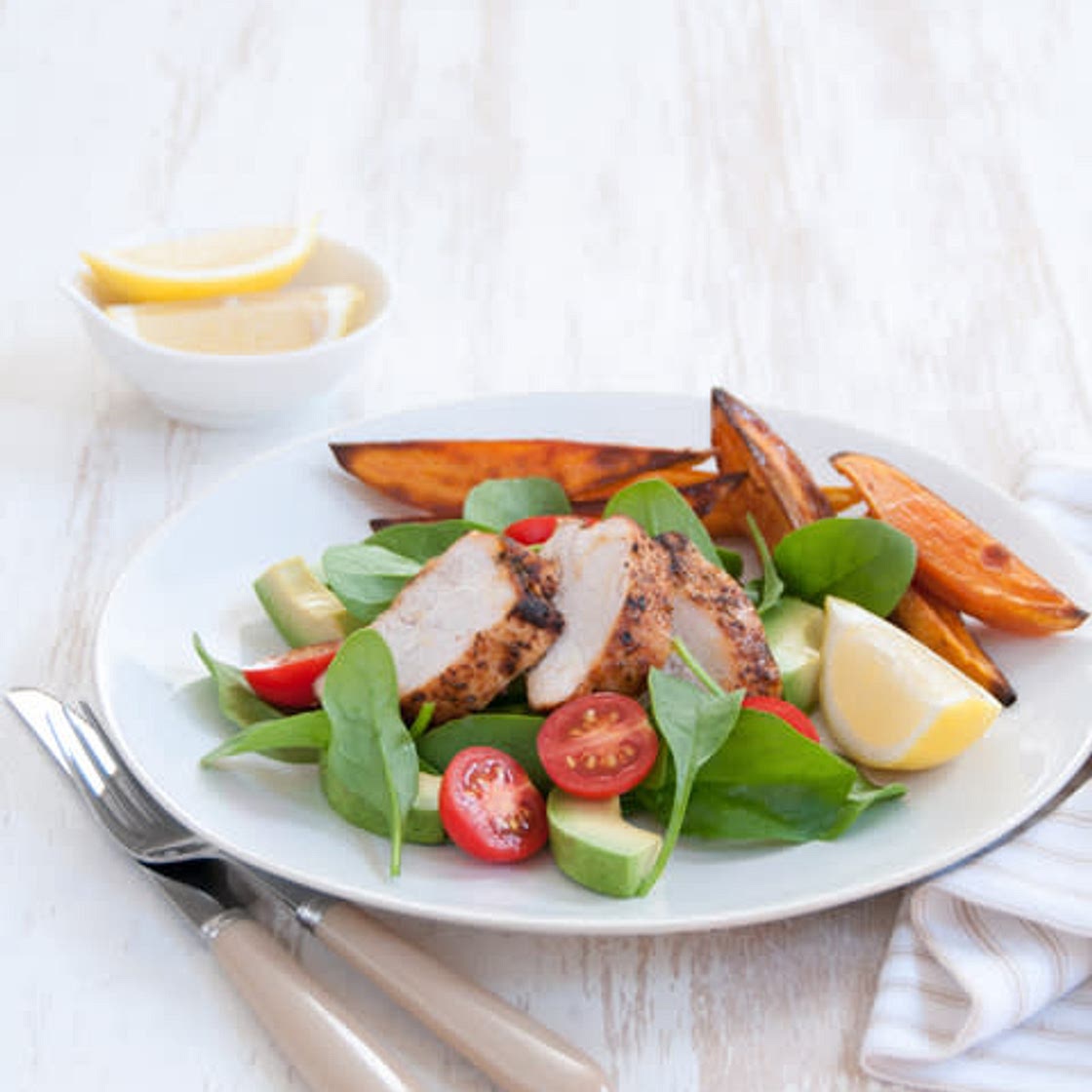 Cajun Chicken with Sweet Potato Wedges & Avocado Salad