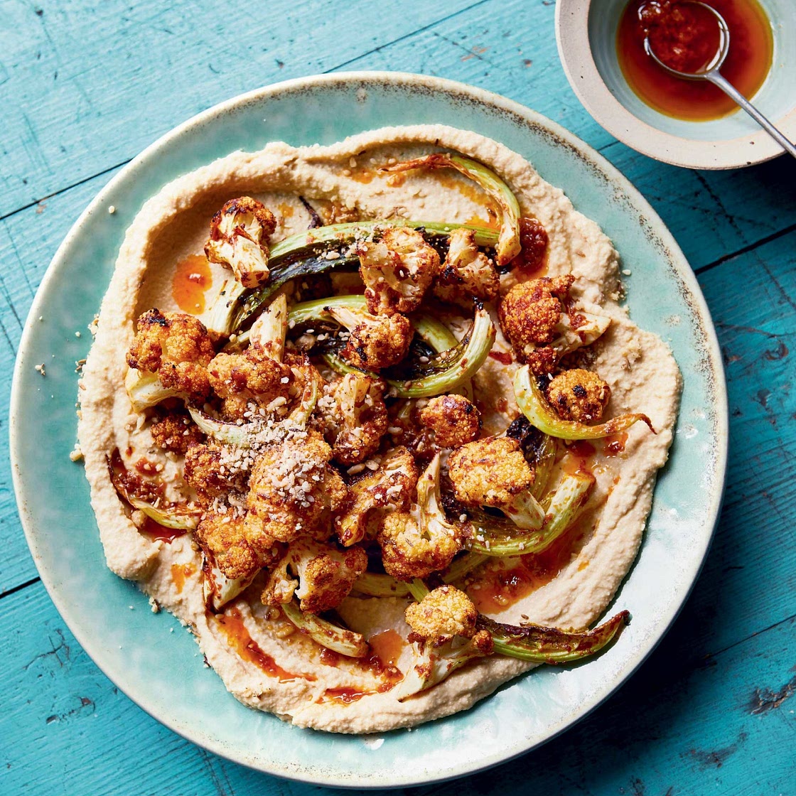 The Happy Pear’s Roasted Harissa Cauliflower with Warm Hummus and Za’atar