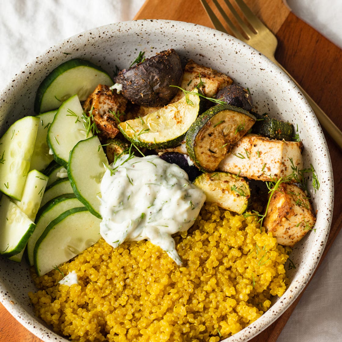 Mediterranean Tofu Buddha Bowl (high protein + vegan)