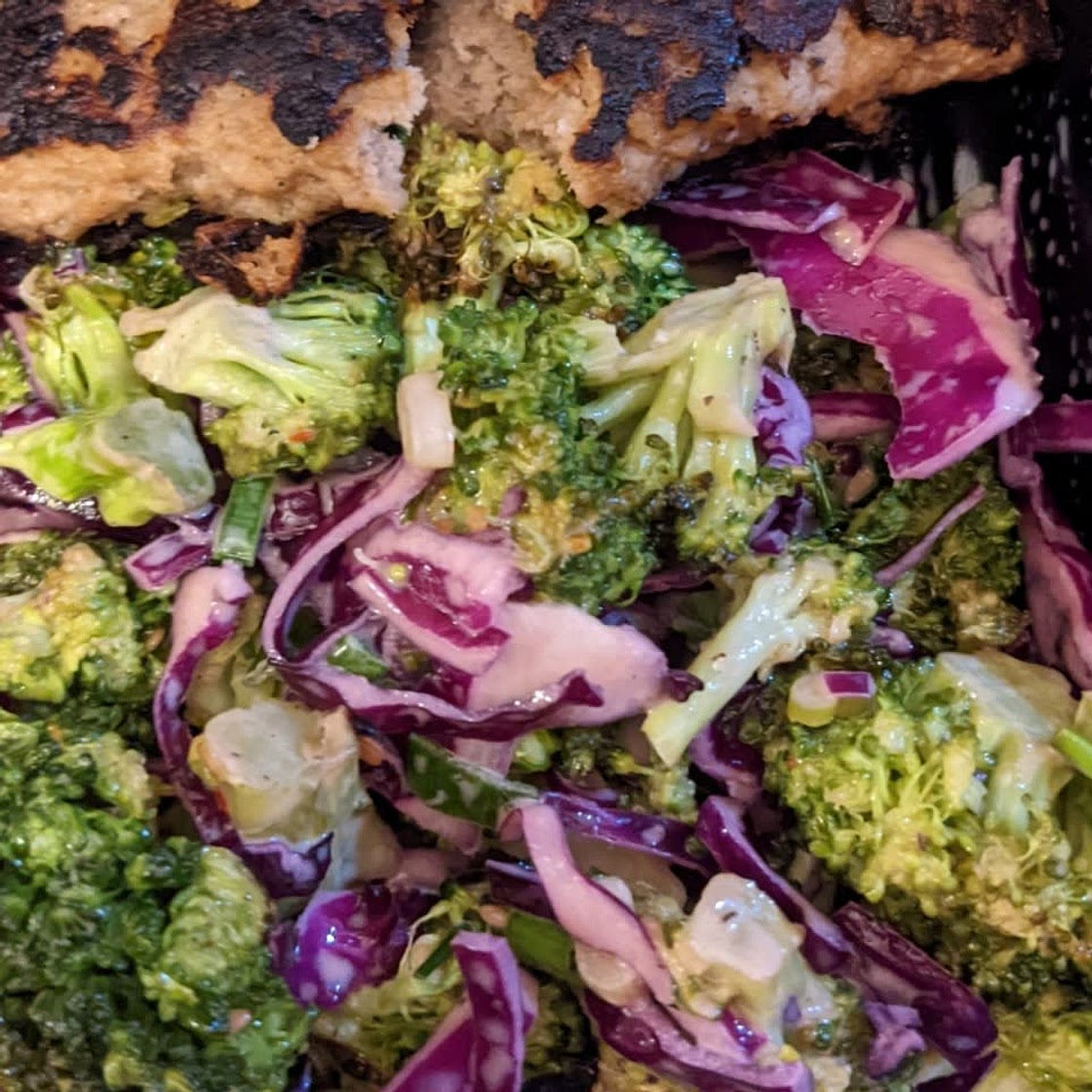 Ginger-Ponzu Turkey Patties with Broccoli Cabbage Salad & Sweet Chili Mayo