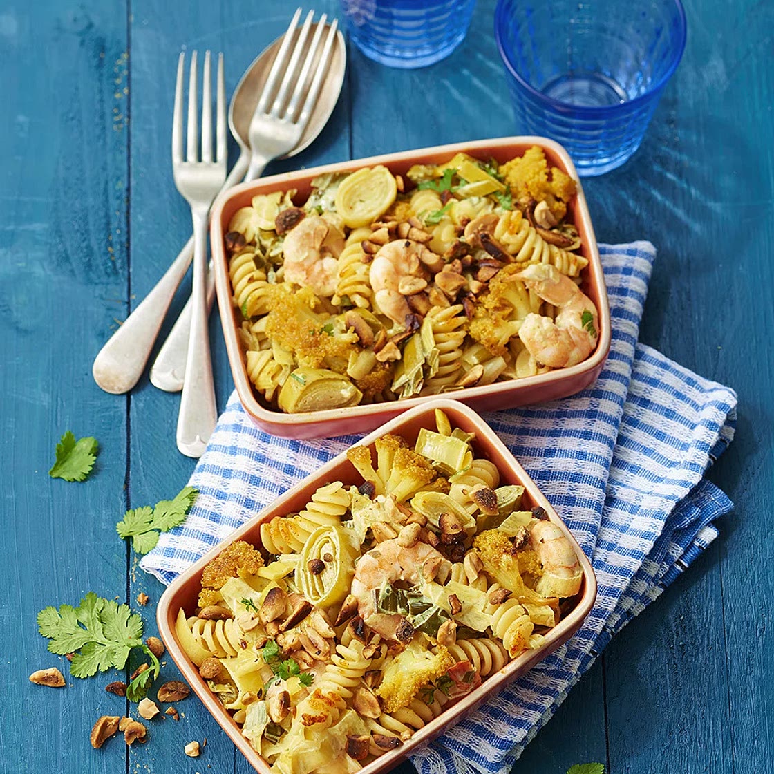 Gratin de fusilli aux crevettes à l'indienne