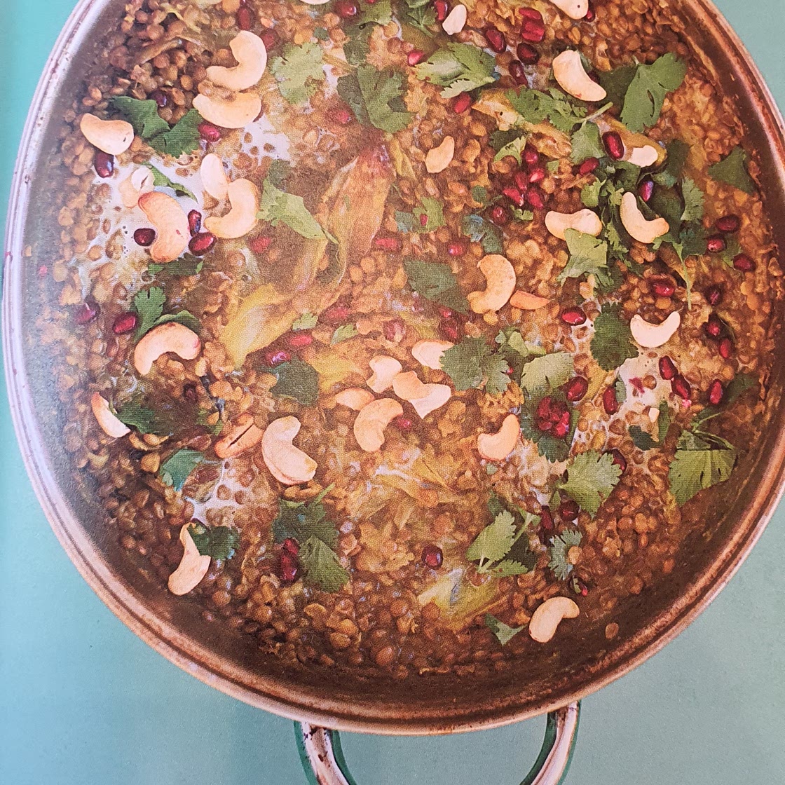 Simple all in one daal with roasted shallots, coriander, pomegranate and cashews