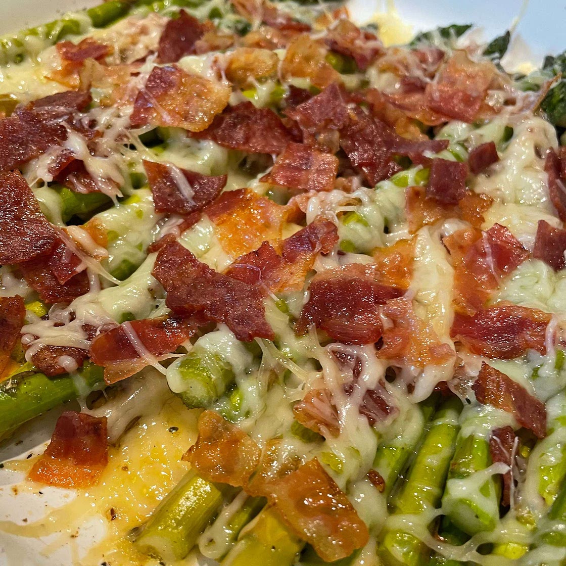 Cheesy Baked Asparagus with Gruyere cheese, Garlic, and Bacon