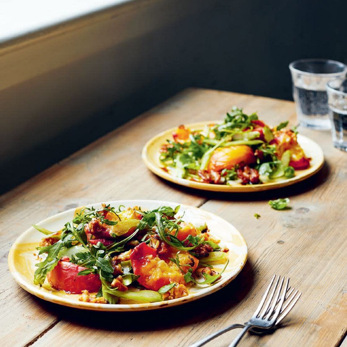 Warm peach & basil salad
