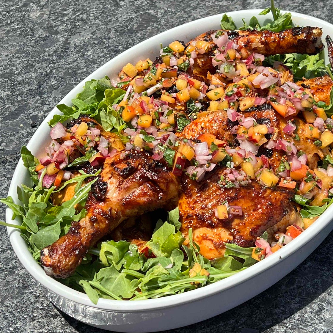 BBQ Spatchcock Chicken with Peach + Basil Salsa 