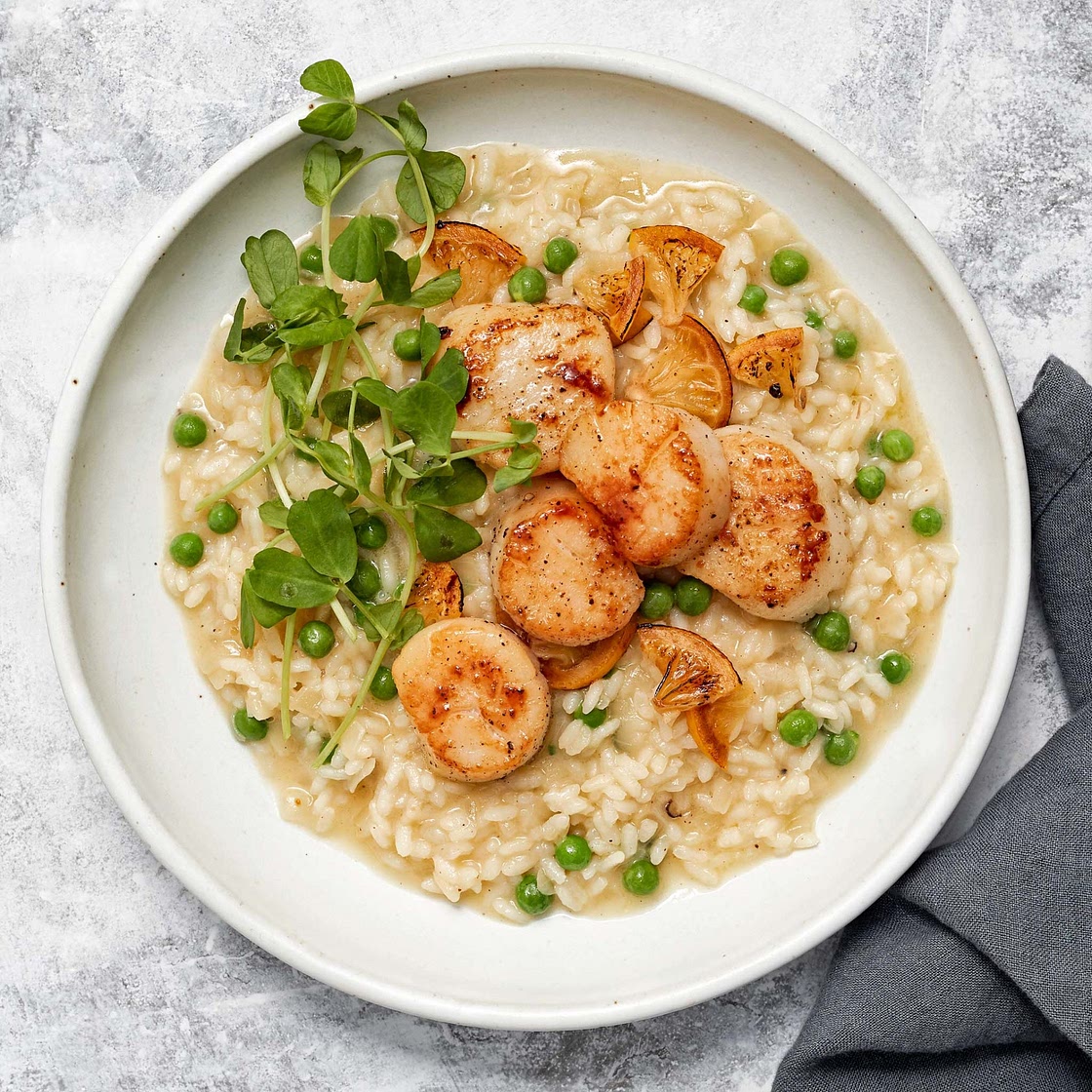 LEMON RISOTTO WITH PAN-SEARED SCALLOPS AND PEA SHOOTS