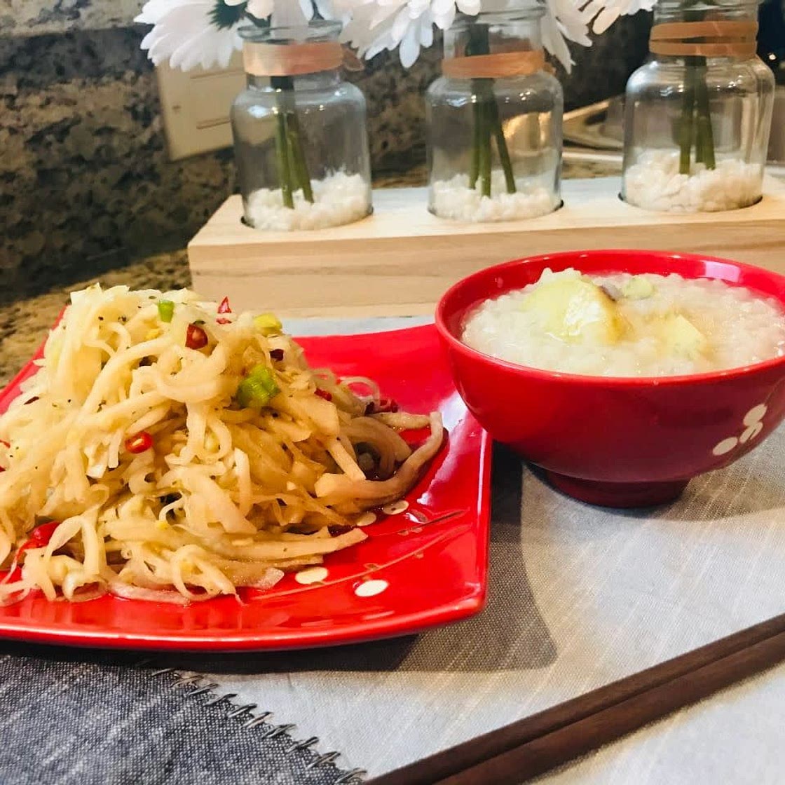 Chinese Sweet Potato Congee With Radish Salad | 凉拌萝卜丝