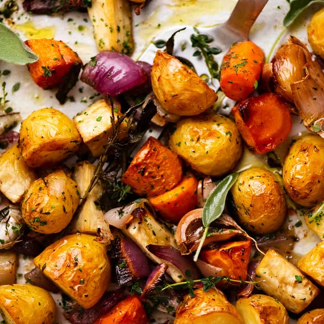 Roast vegetables and pesto salad