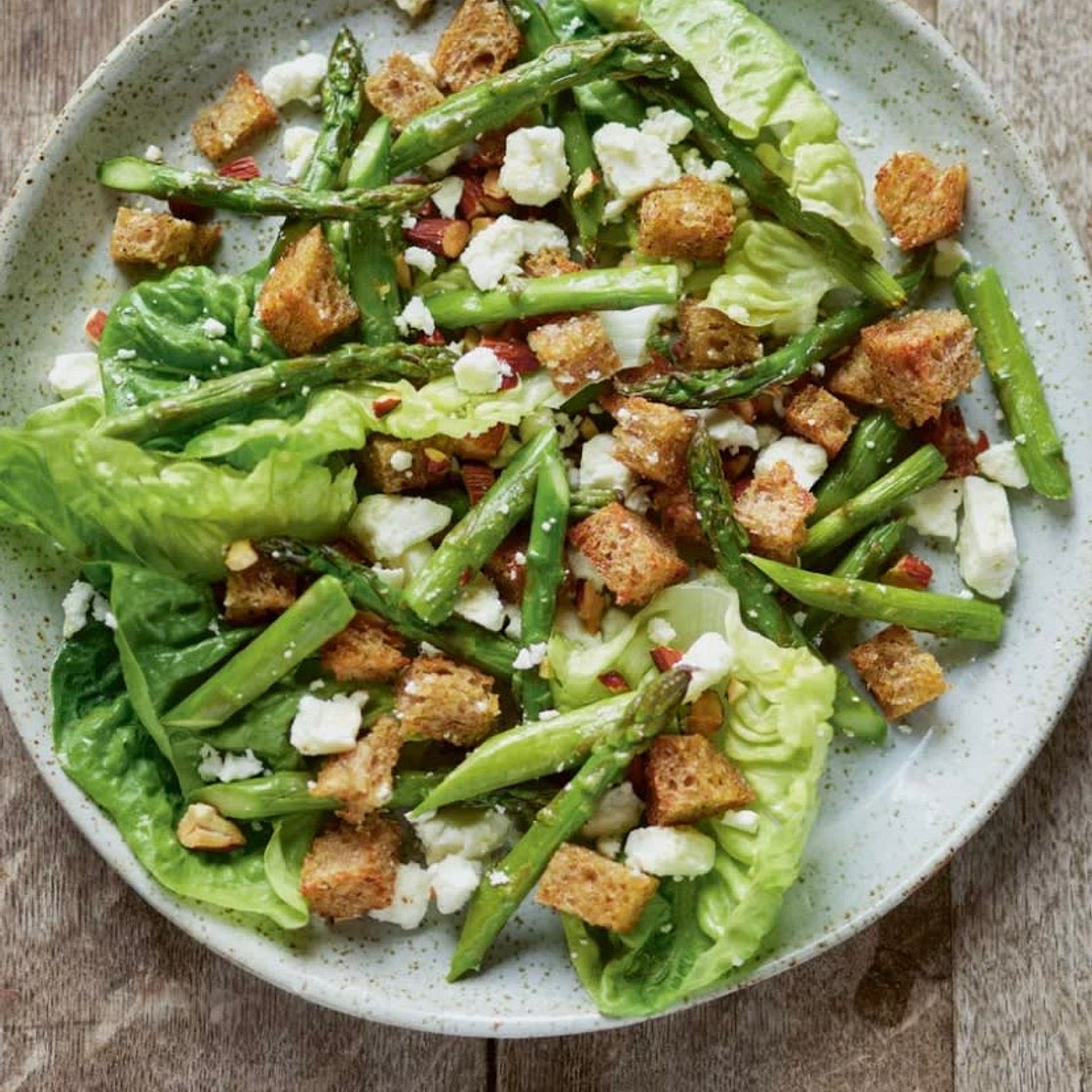 Roast asparagus, feta, almonds and sourdough croutons