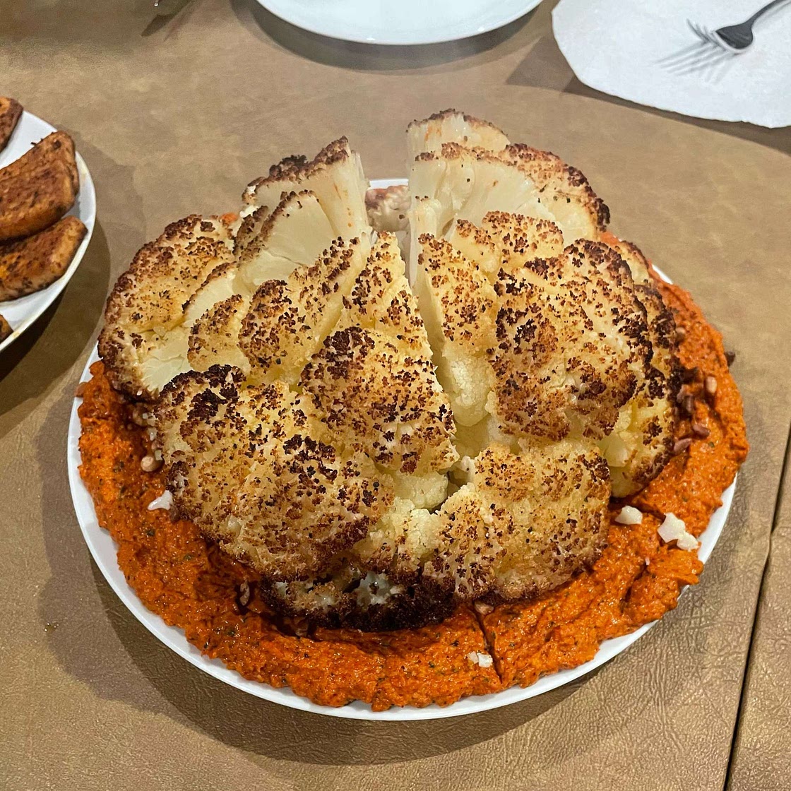 Whole Roasted Cauliflower with Roasted Red Pepper Sauce