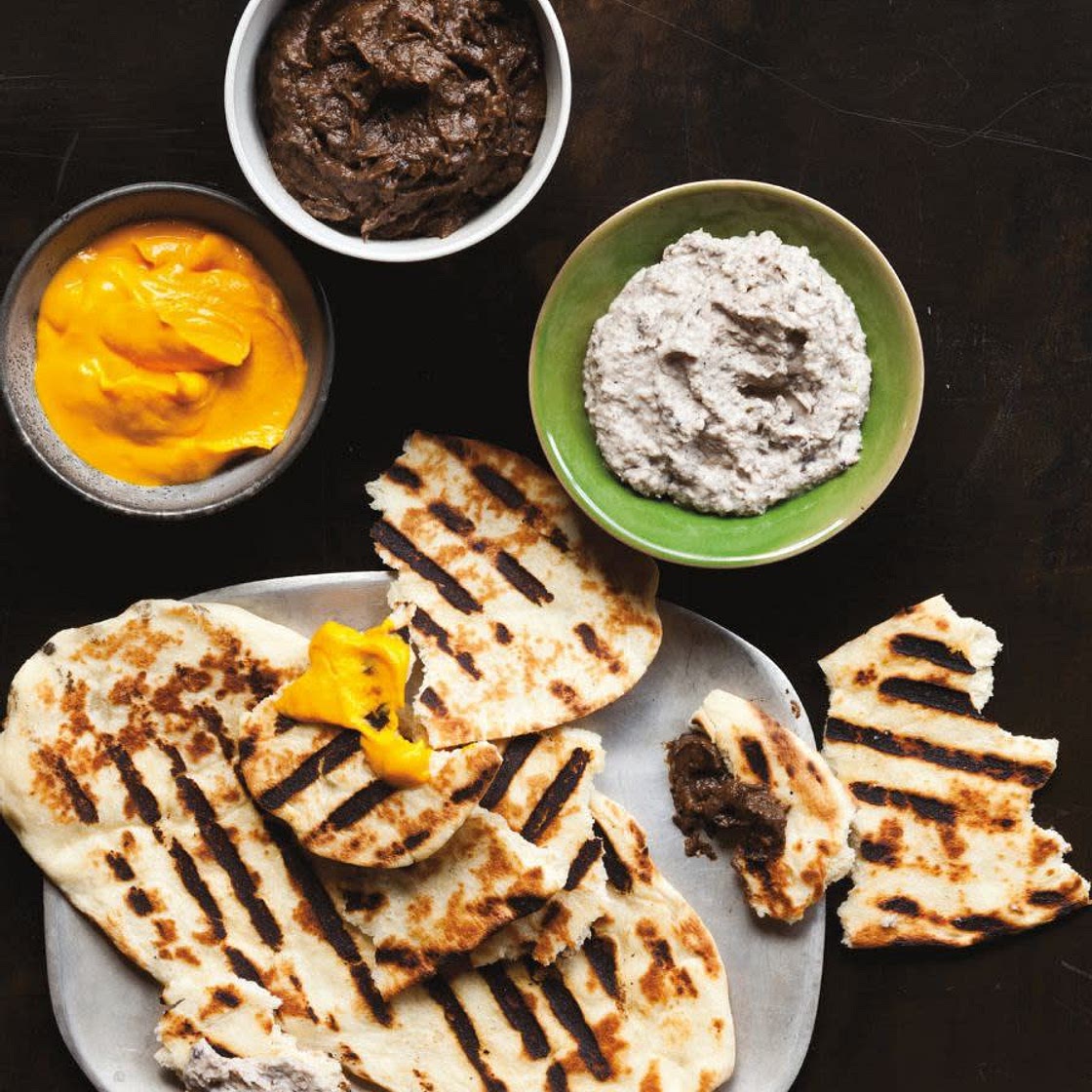 Roti with Black-Eyed Pea Hummus, Eggplant Puree, and Carrot Curry Puree