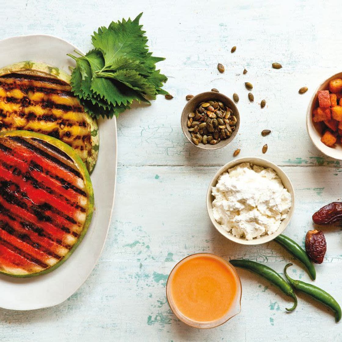 Grilled “Watermelon Garden” Salad with Lime Mango Dressing and Cornbread Croutons