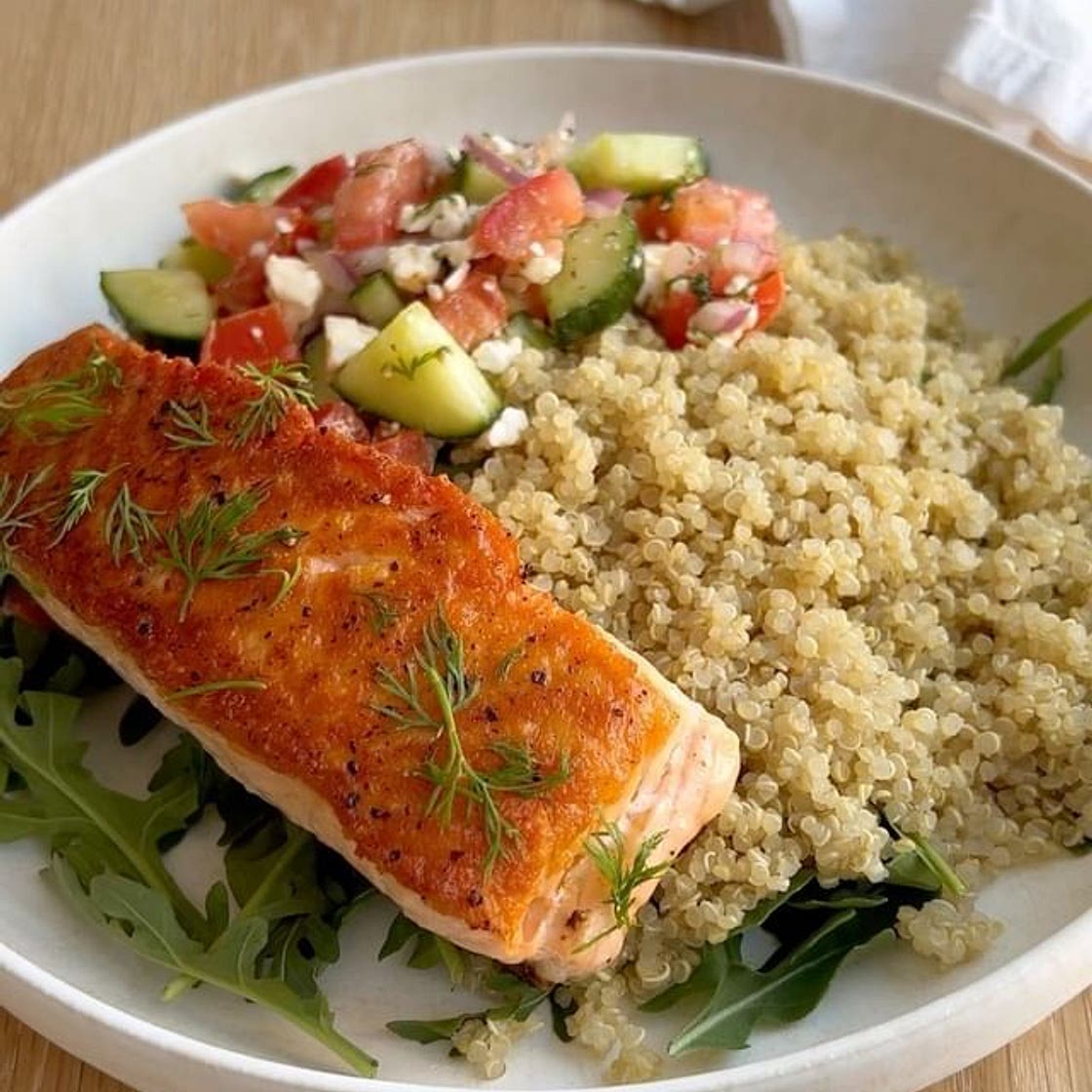 greek salmon bowls 🐠 oh myyy the freshness, flavors &amp; textures in this one!! you already know my fav protein source is salmon &amp; i’ve been getting it delivered from 🙌&nbsp; Secret Island is BAP (best aquaculture practices) certified, their salmon 