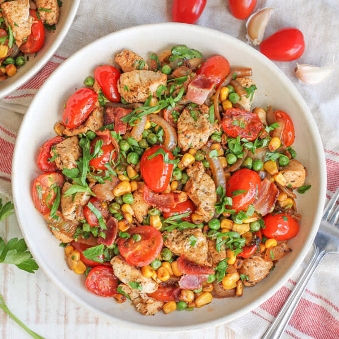 Chicken-Bacon Succotash with Corn, Peas, Tomatoes & Parsley