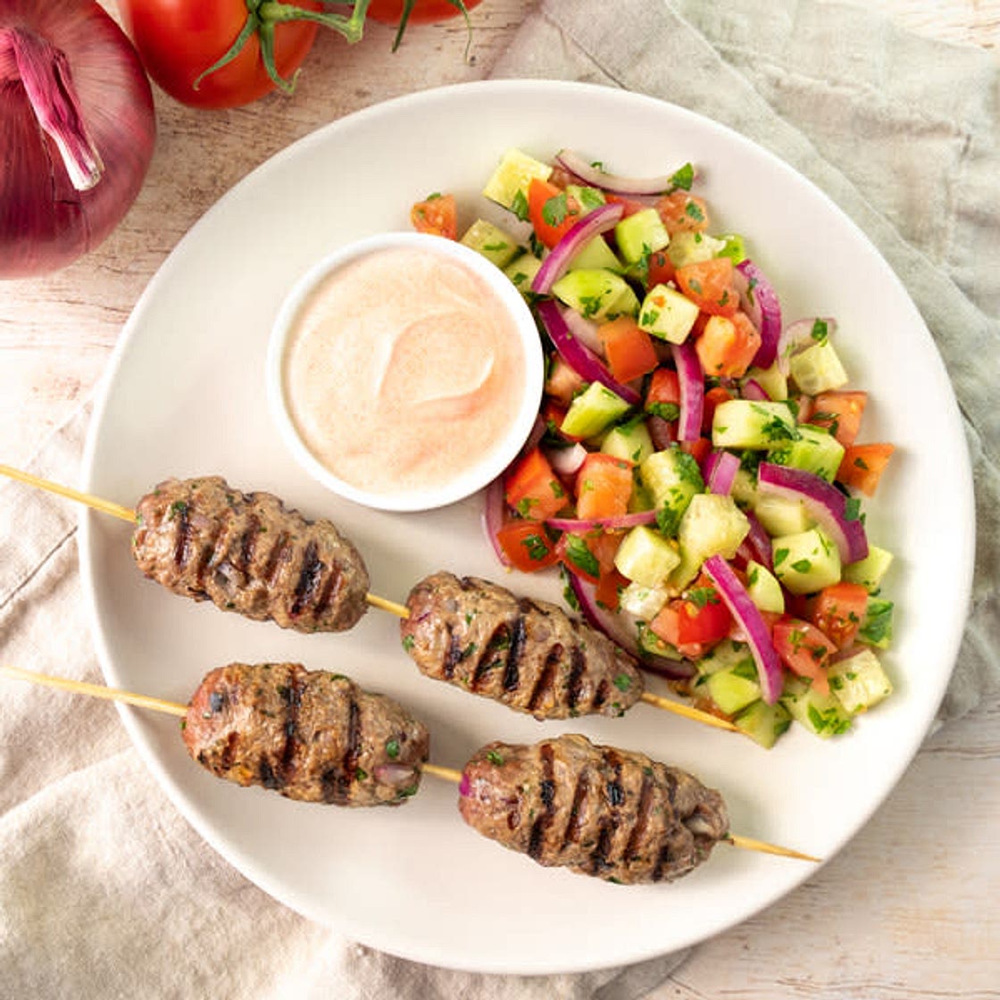 Lebanese-Style Beef Kabobs with Cucumber-Tomato Salad & Paprika Yogurt