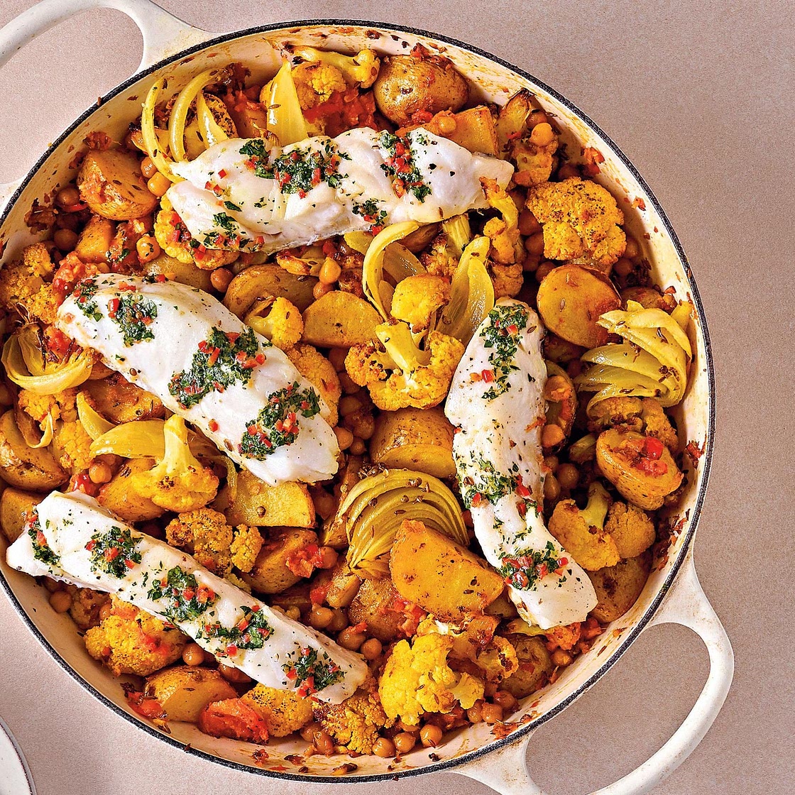 Cod with Indian-spiced vegetables and lime-coriander butter recipe