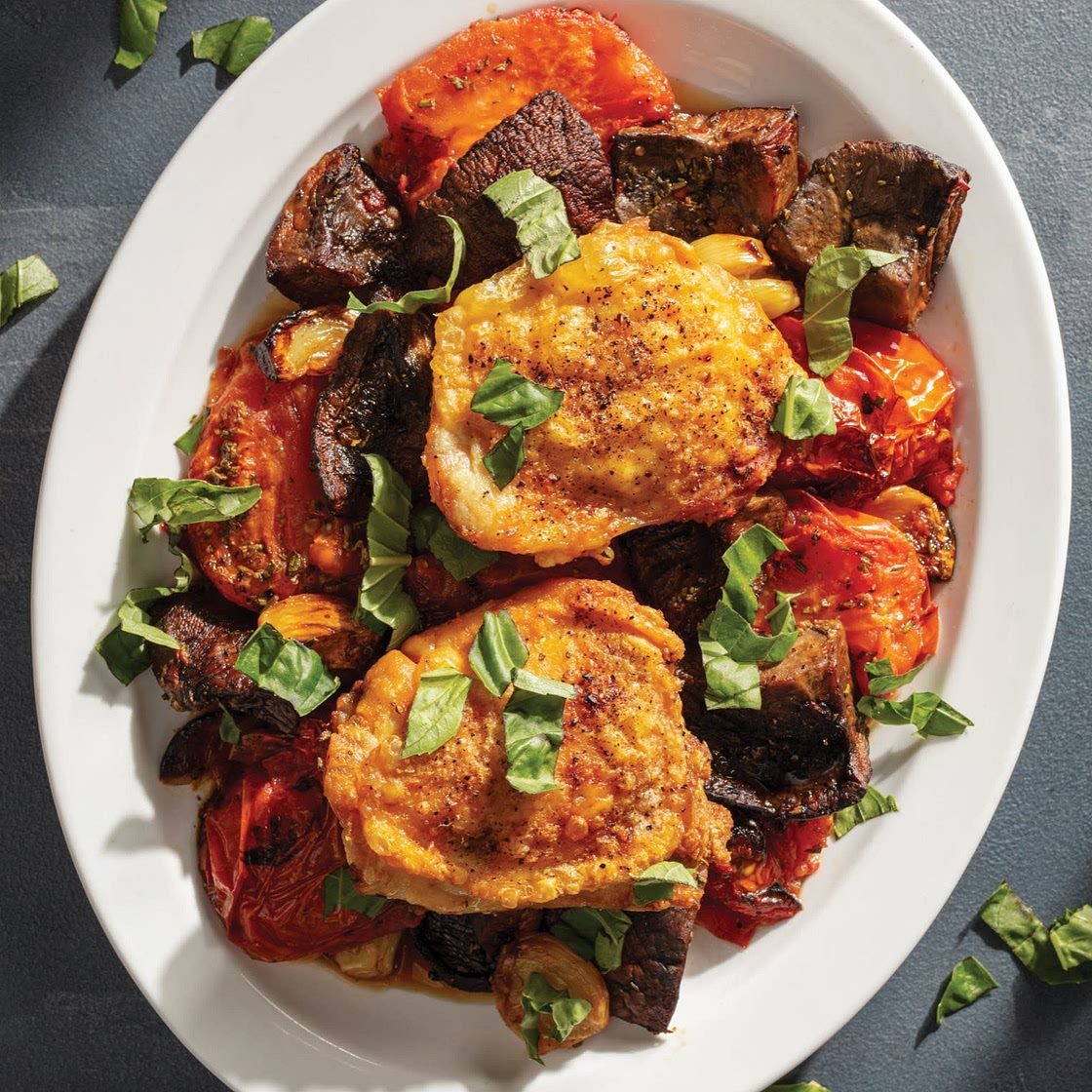 Chicken Thighs with Roasted Mushrooms and Tomatoes