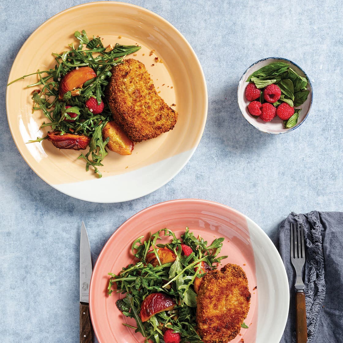 Crispy Pork Chops with Roasted Peach, Blackberry, and Arugula Salad