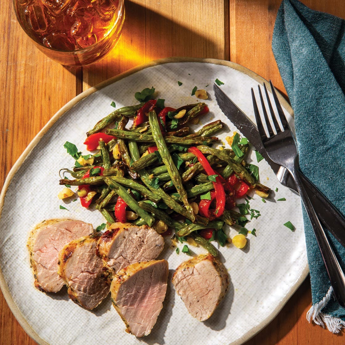 Lemon-Thyme Pork Tenderloin with Green Beans and Hazelnuts