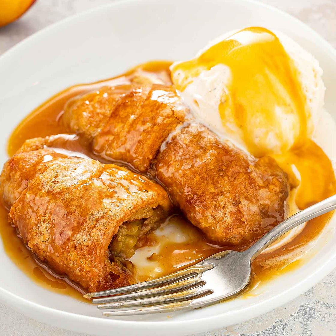 Peach Dumplings with Brown Butter Caramel Sauce