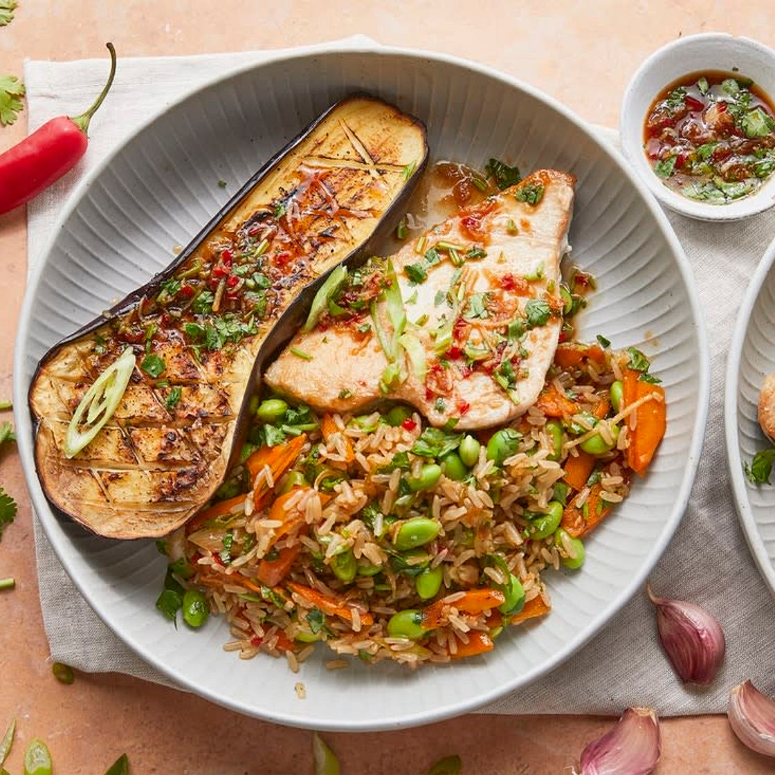 Tamari-glazed tuna & baked aubergine
