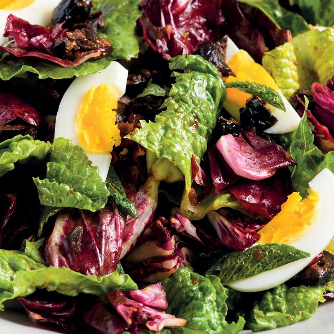 Romaine and Radicchio Salad with Olives, Eggs and Pomegranate Vinaigrette
